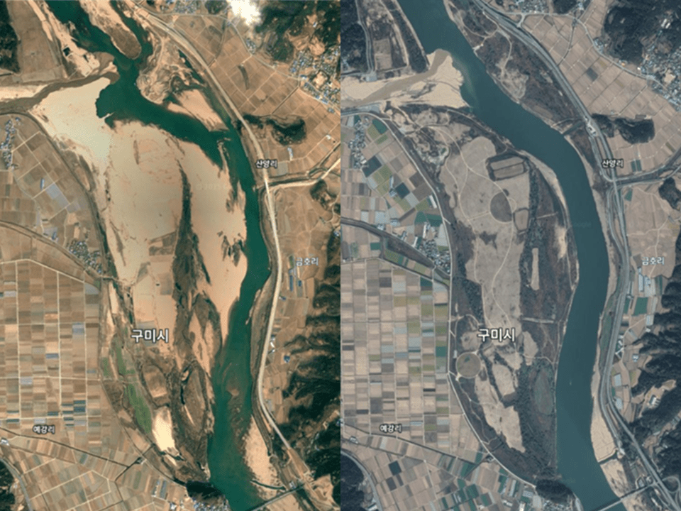 왼쪽은 2004년 낙동강 해평습지 일대, 오른쪽은 2014년 같은 곳이다. 현재도 2014년과 같은 지형을 유지하고 있다. (사진 구글어스 캡처)/뉴스펭귄
